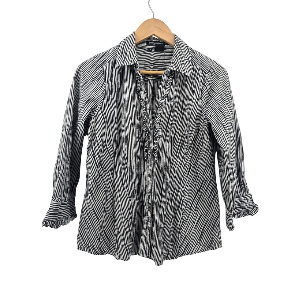 Sandra Ingrish Button Up Women Medium Black White Striped Ruffle Crinkle Blouse